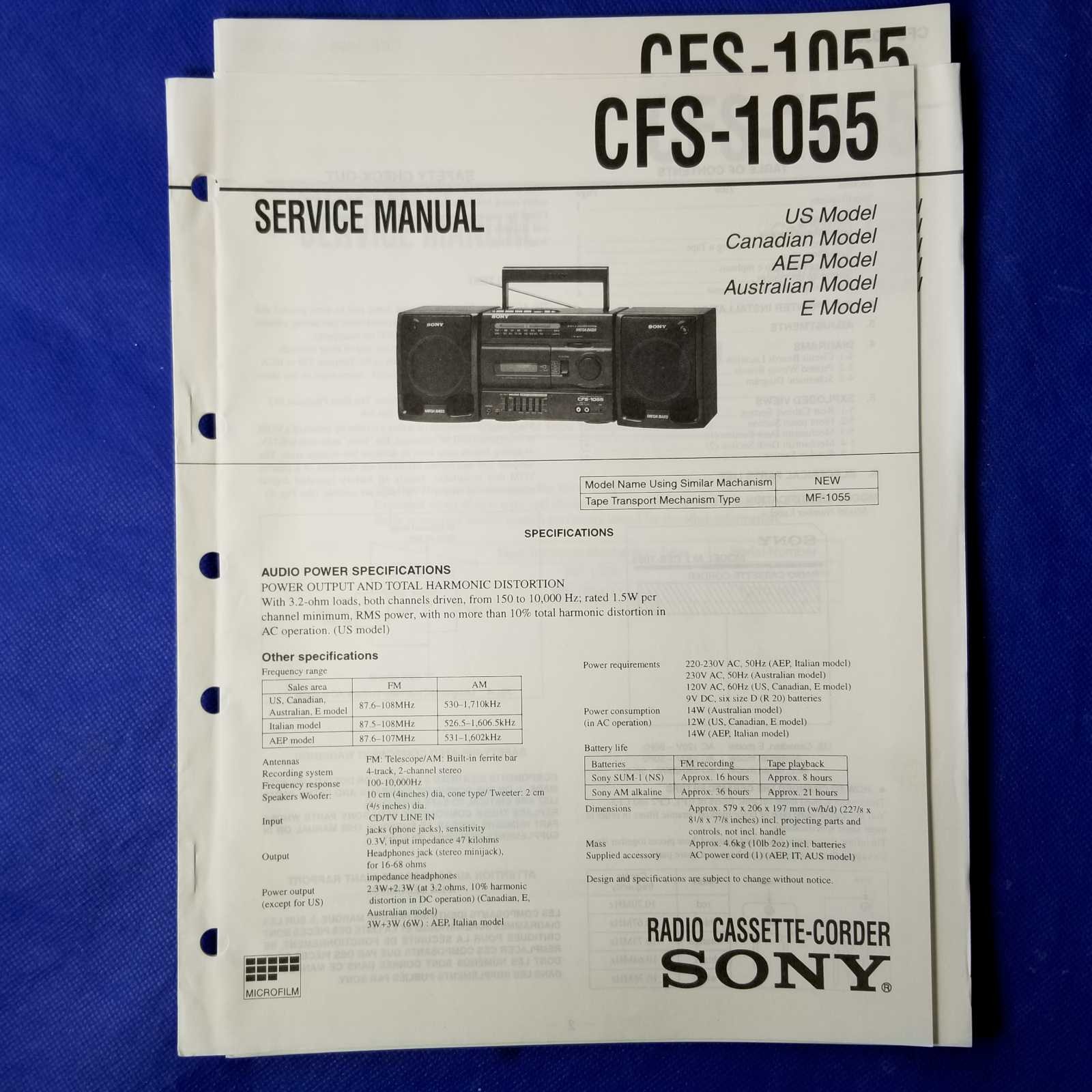 SONY CFS-1055 Service Manual Original Paper OEM Repair Guide - USA