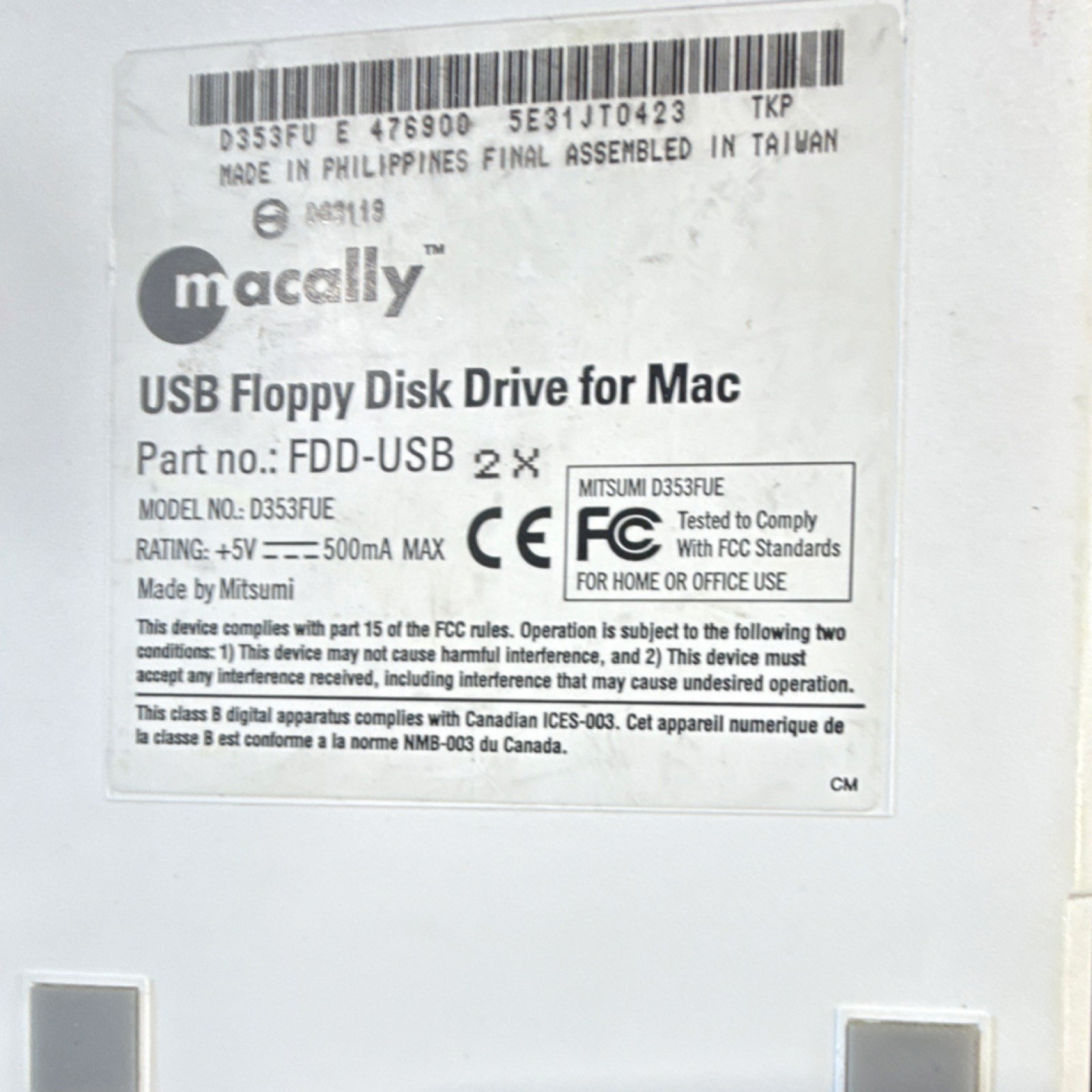 Macally USB External 3.5" Floppy Disk Drive for Mac Model D353FUE FDD-USB White