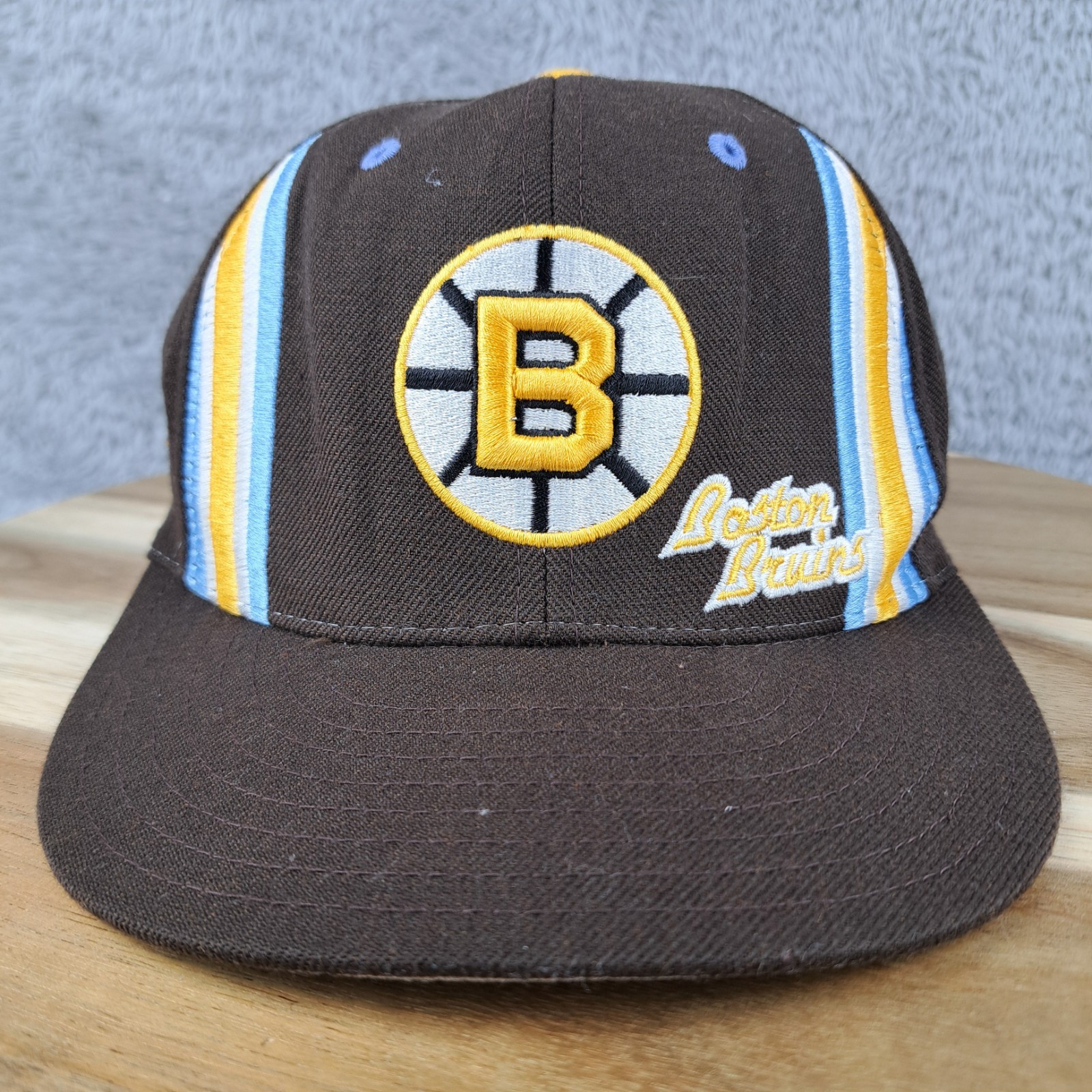 Vintage Boston Bruins Hat Cap Fitted 7 1/2 Brown Yellow Logo NHL Hockey Mens