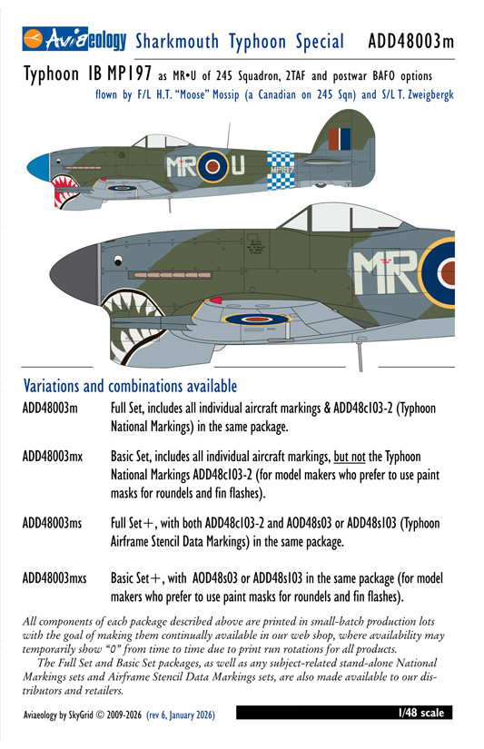 Typhoon MP197, 245 Sqn (Sharkmouth) Basic Set  – 1/48 scale Singles & Specials