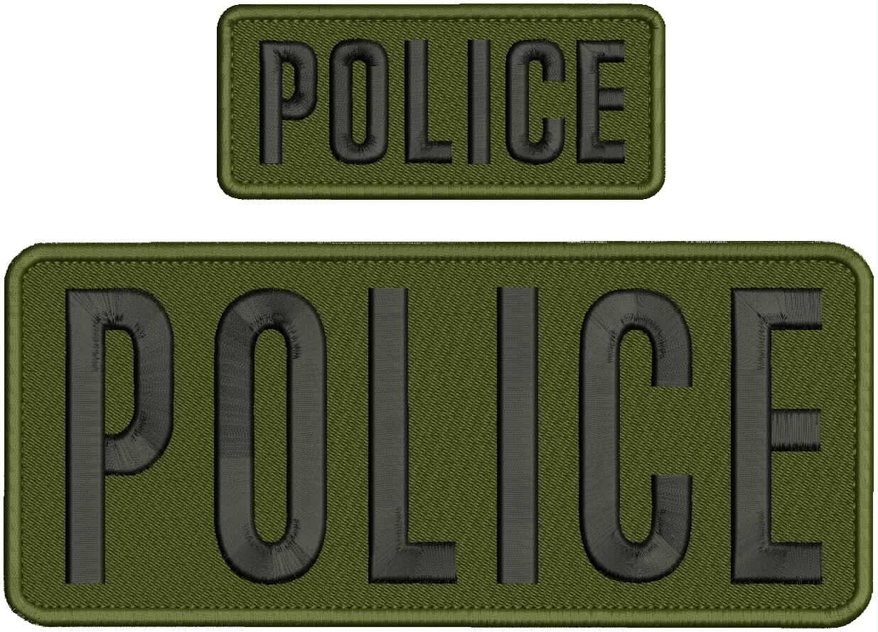 Police 2 Embroidery Patch 4x10 & 2x5 Hook On Back Black On Od Green