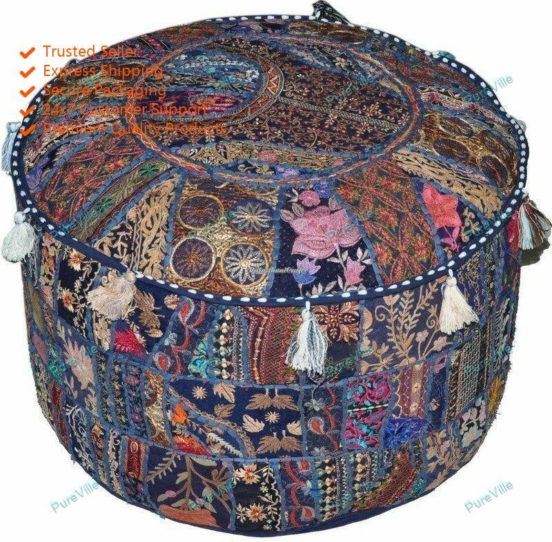 Cotton Bohemian Floral Poufs Blue Foot Stool Embroidered Indian OttomanBohemian