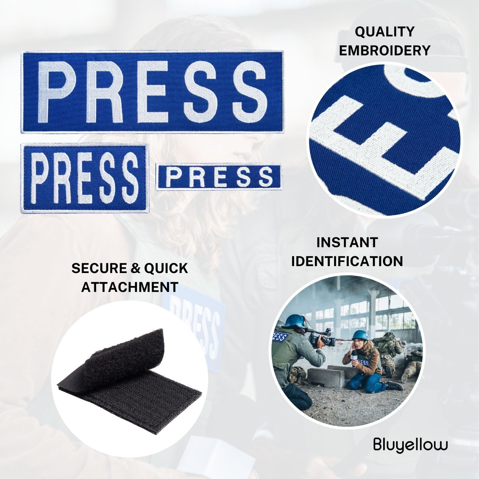 3-Piece Embroidered PRESS Patch for Vests, Jackets, Large & Small, Blue & White