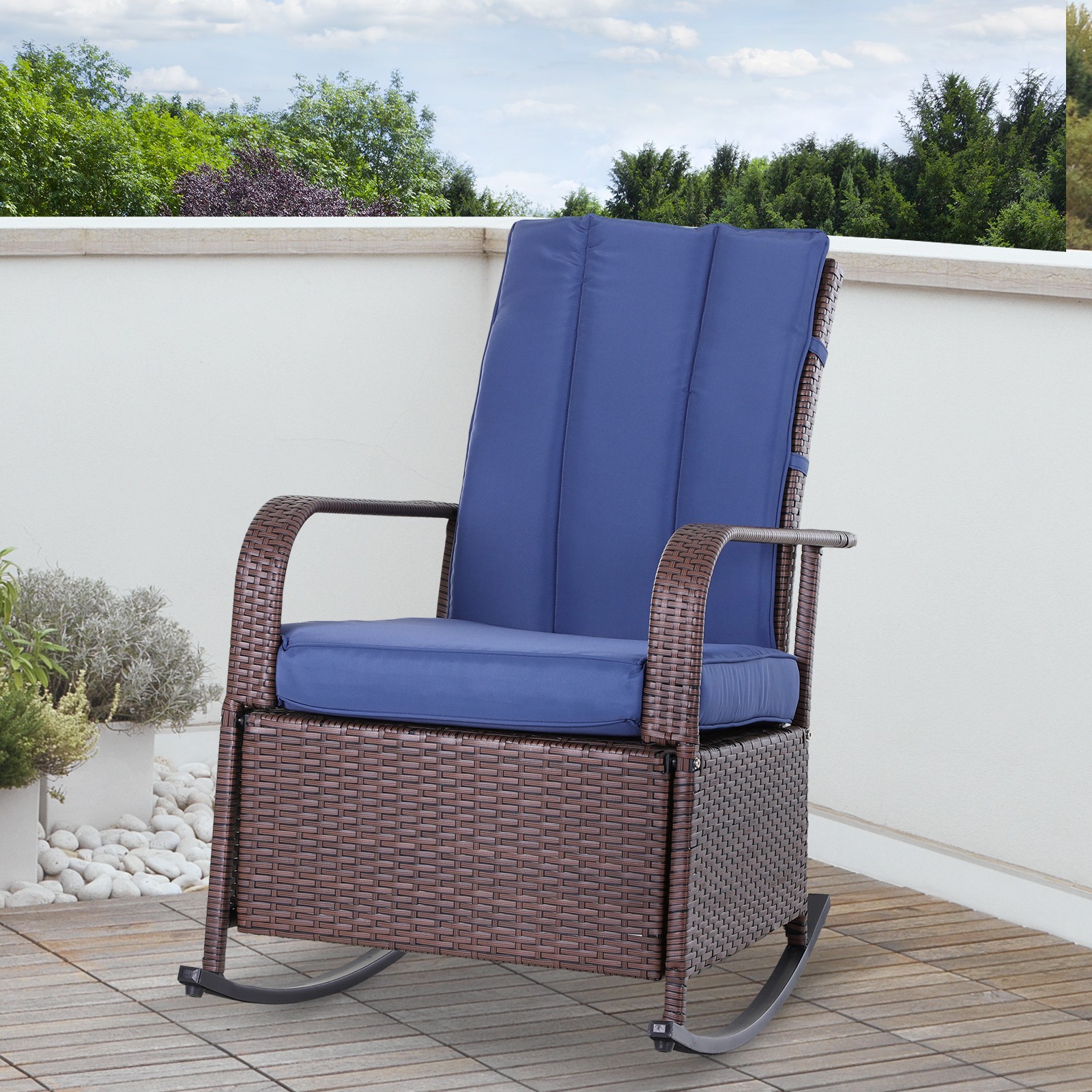 Wicker Outdoor Rocking Chair, Patio Recliner with Adjustment Backrest, PE Rattan