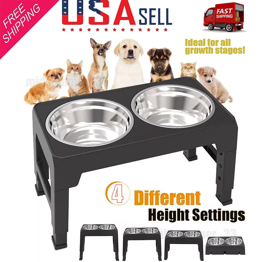 Elevated Dog Bowl Pet Feeder Stainless Steel Raised Food Water Stand w/ 2 Bowls