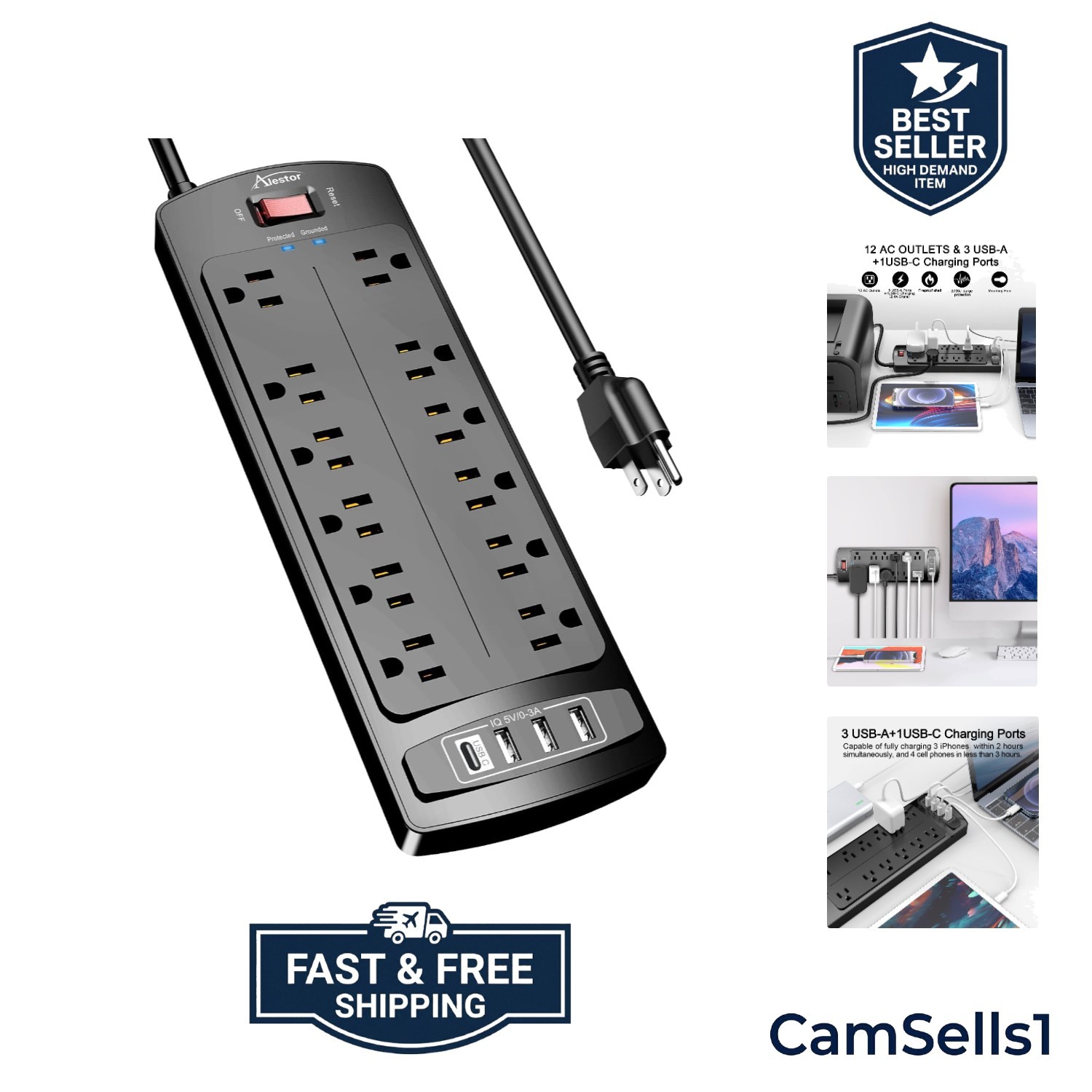 Power Strip, Surge Protector with 12 Outlets and 4 USB Ports, 6 Feet Extensio...