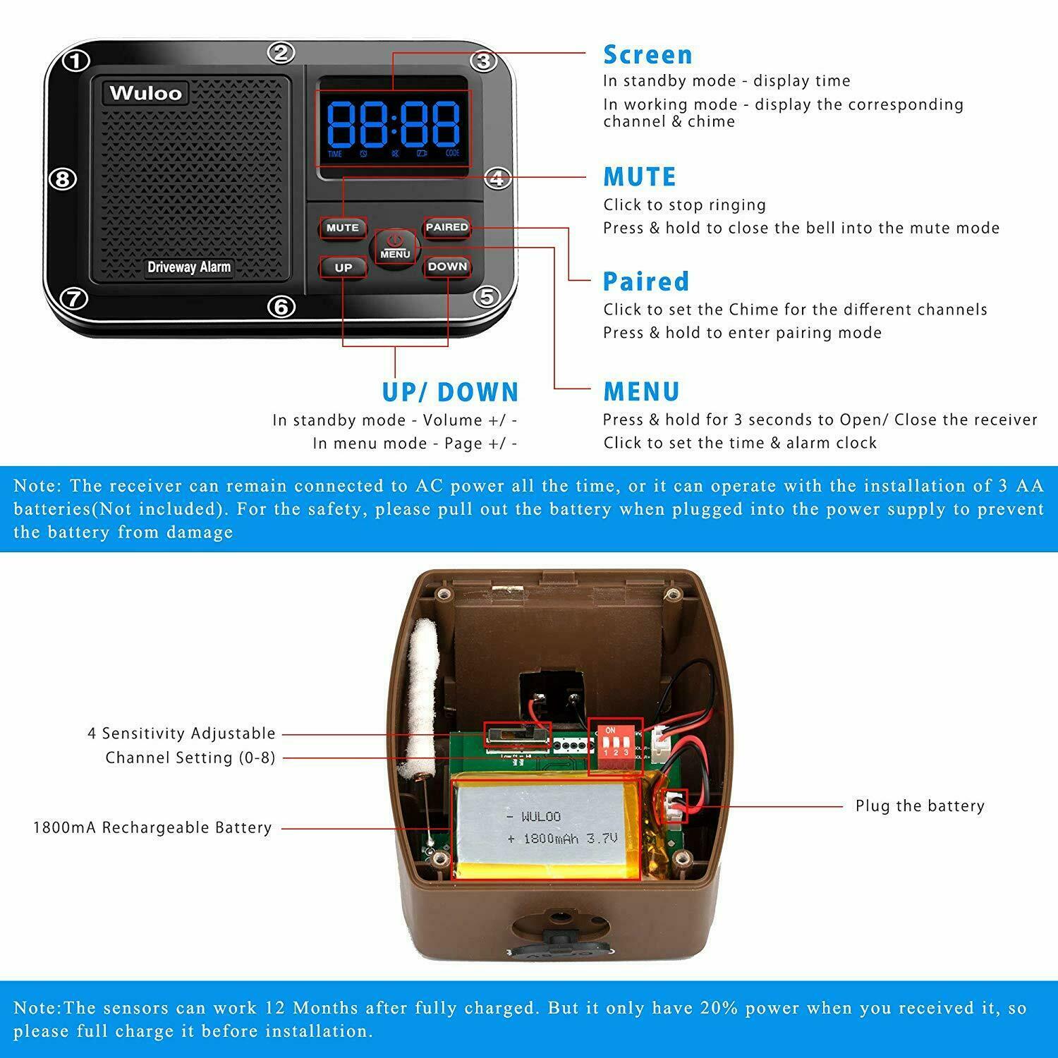 Wuloo Wireless Driveway Alert 500m Long Range Detectors 1 Sensor 1 Receiver Kit