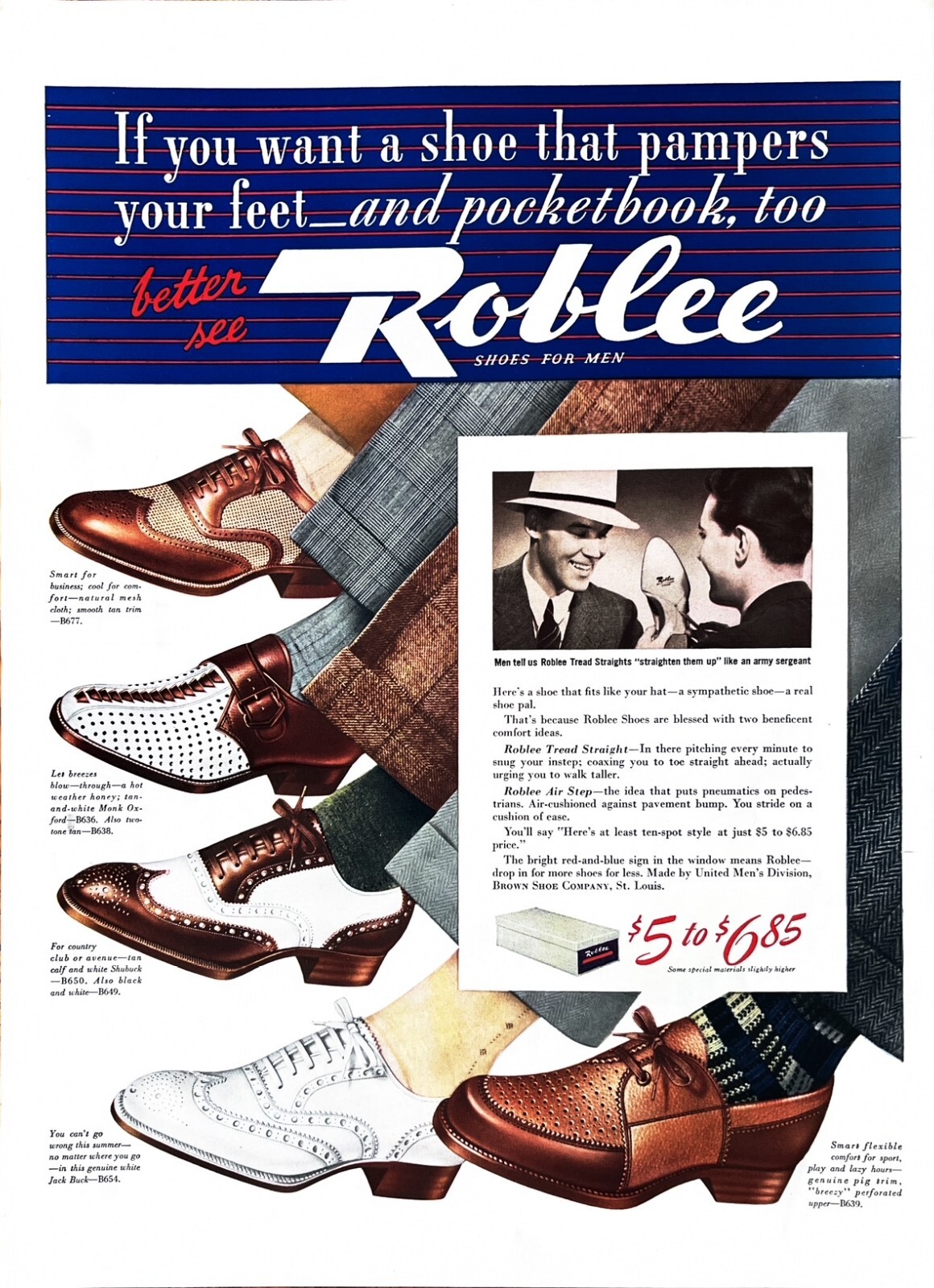 1940 MEN'S SHOES Genuine Vintage Print Ad Roblee