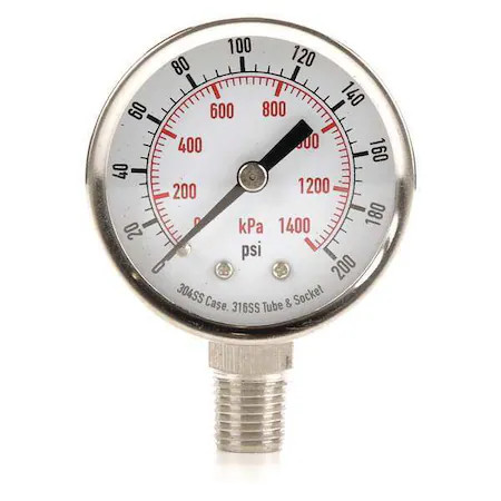 Zoro Select 4Fmk9 Commercial Pressure Gauge, 0 To 200 Psi, 2 In Dial, 1/4 In,