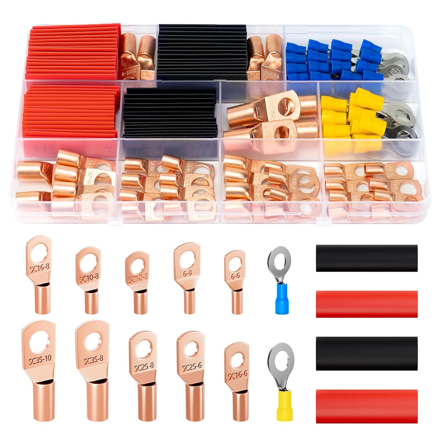130Pcs Copper Wire Lugs, Battery Lugs Awg 2 4 6 8 10 12 14 16 Copper Lugs Assort
