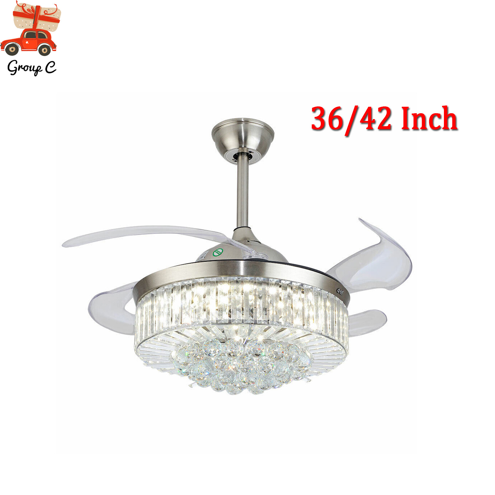36/42" Crystal LED Chandelier Invisible Ceiling Fan Light Ceiling Lamp w/ Remote