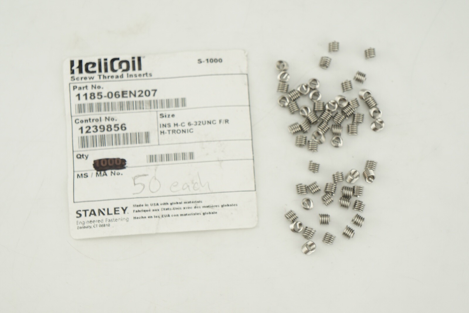 50 HeliCoil #6-32 UNC 0.207" OAL 4-3/4 Free Coils Tanged 18-8 SS Helical Insert