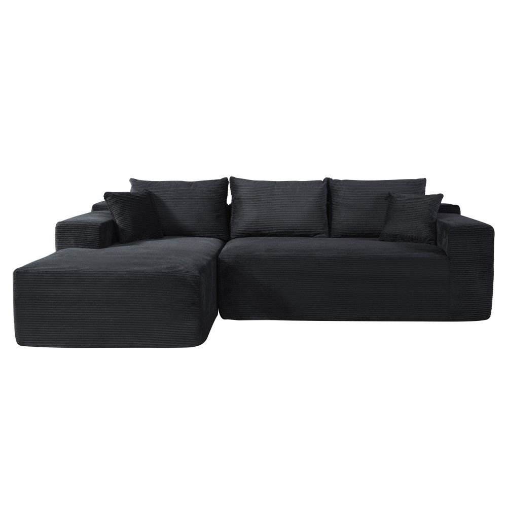 L-Shaped Corduroy Sectional Sofa w/ Pillows, Modular 3-Seater Couch, Black
