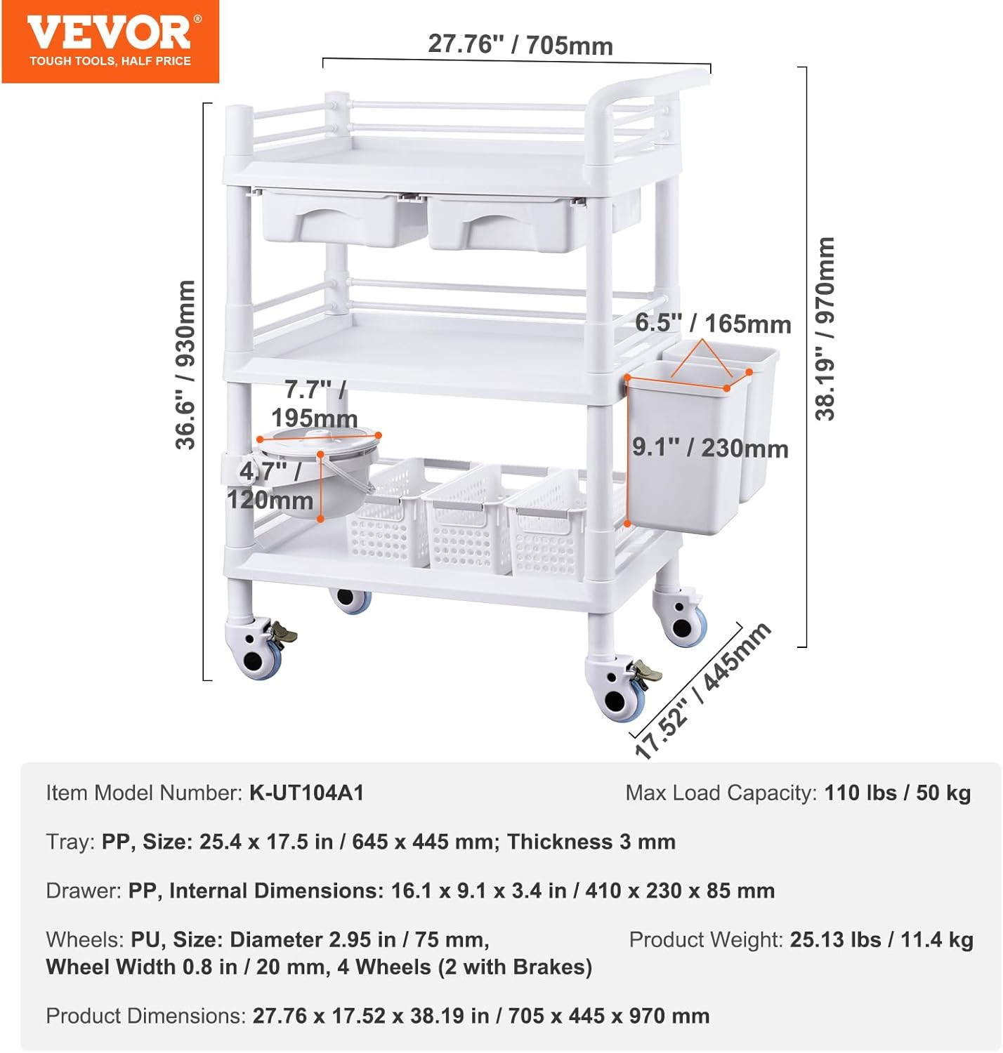 Medical Mobile Trolley Cart with 2 Drawers & 3 Trash Cans, 3 Tiers Beauty Salon