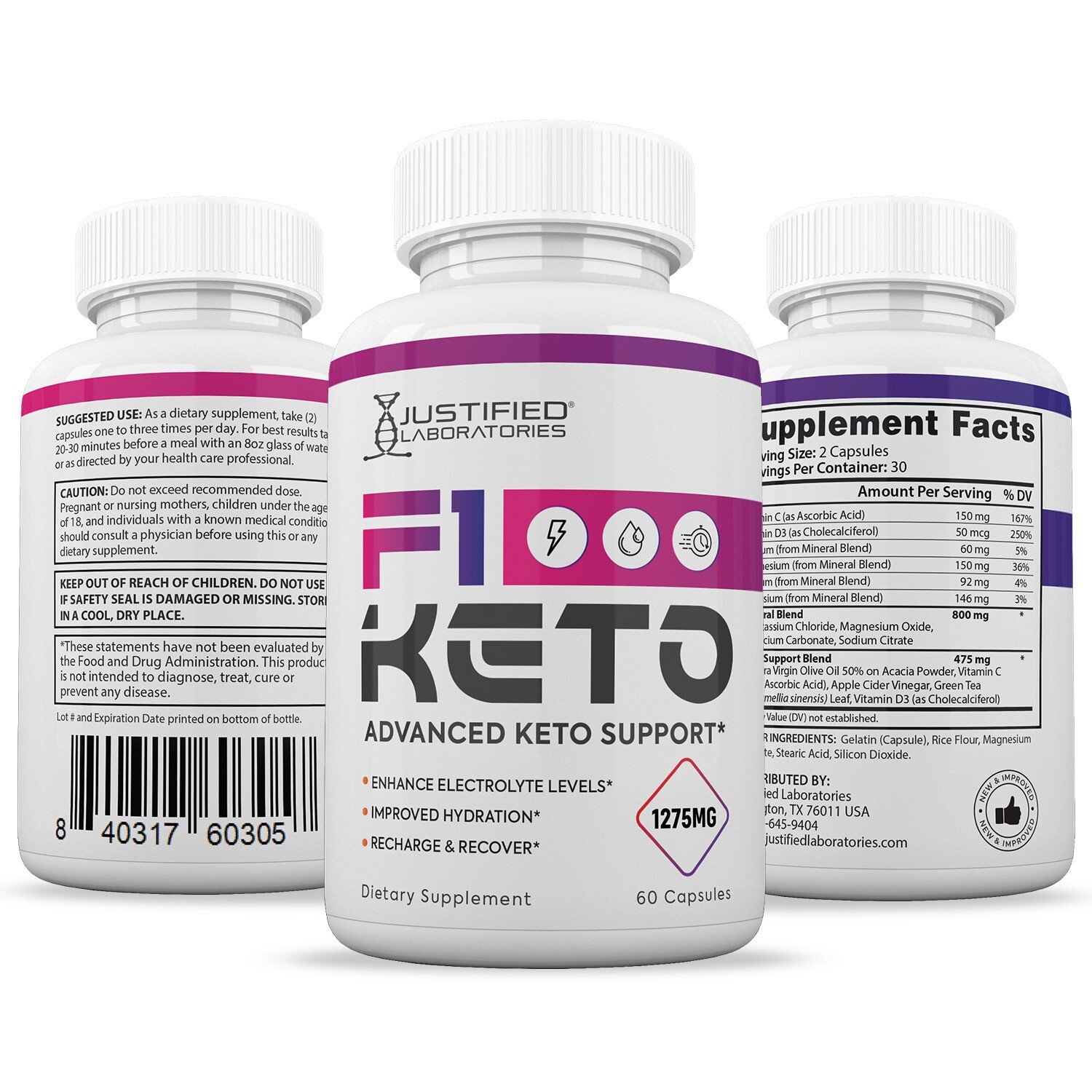 F1 Keto ACV Pills 1275MG New Improved Formula 3 Pack