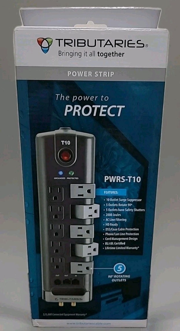Tributaries 10 Outlet Swivel Power Strip w Surge Supression, Filtering PWRS-T10