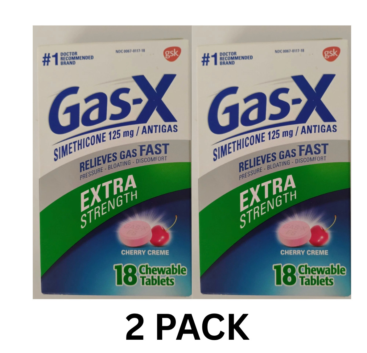 2 Pack Gas-X Simethicone Extra Strength Cherry Creme 18 Ct Ea Exp 12/27