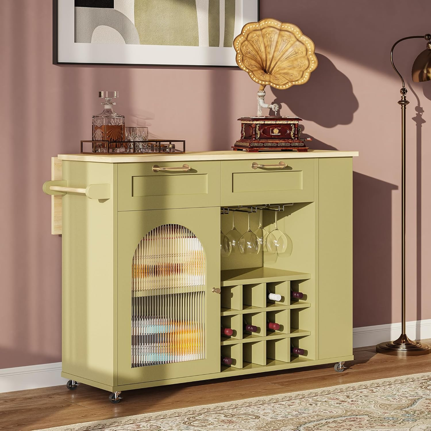 Green Rolling Kitchen Island with Power Outlet, Storage & Wine Racks