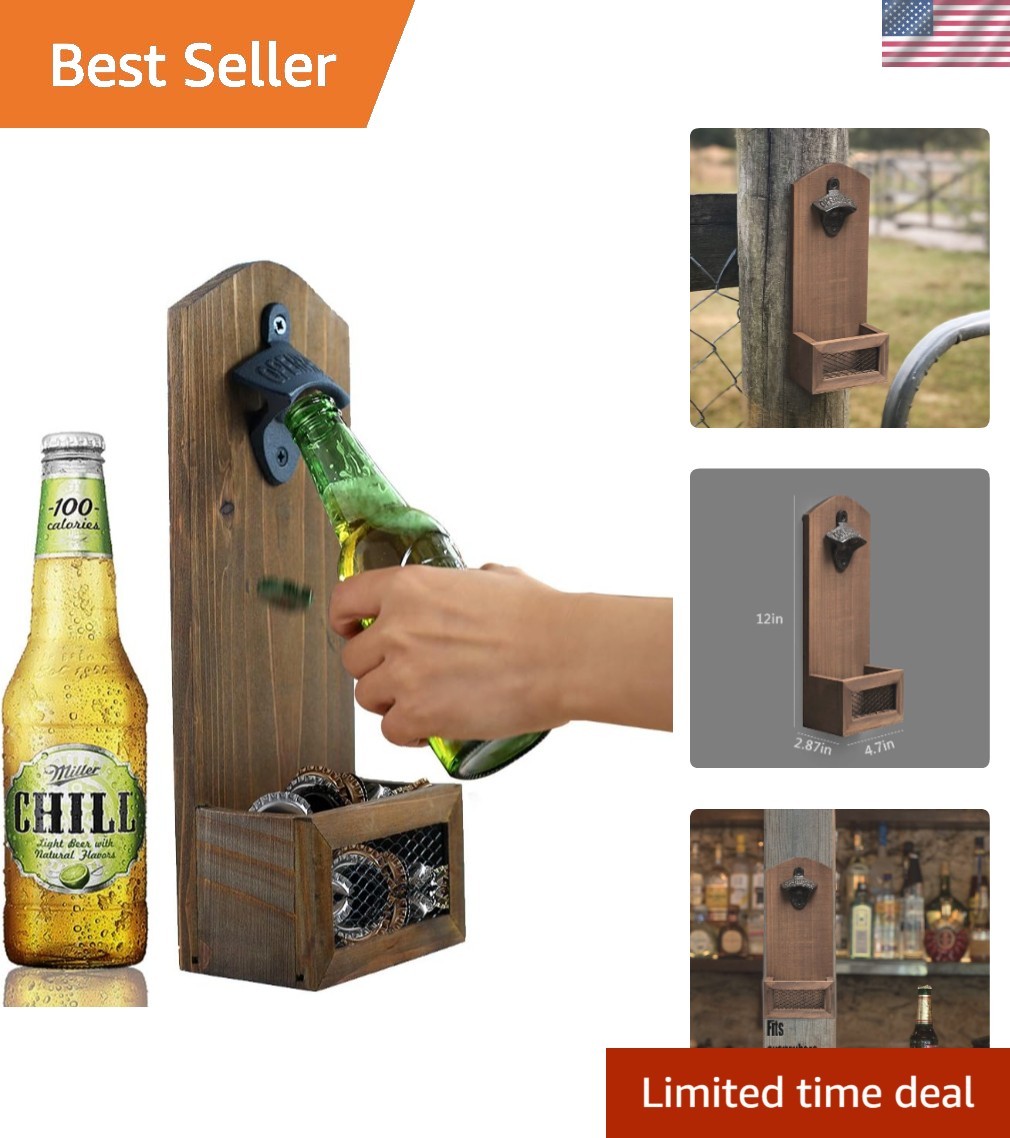 Wooden Bottle Opener Wall Mounted with Cap Catcher, Gifts for Men and Beer Lo...