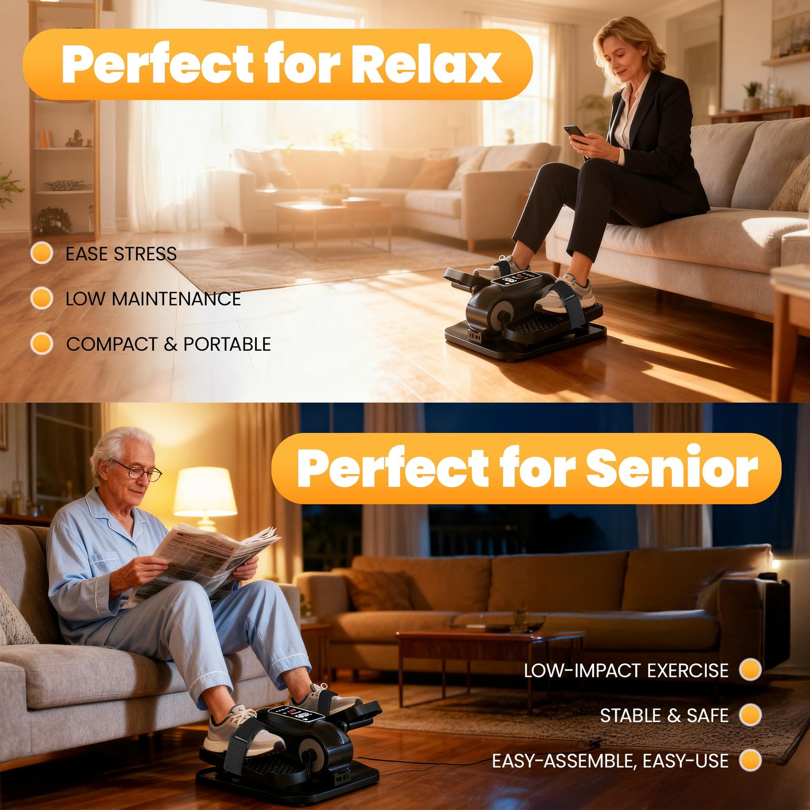 Under Desk Elliptical Machine Leg Exerciser for Senior w/Remote Control Portable