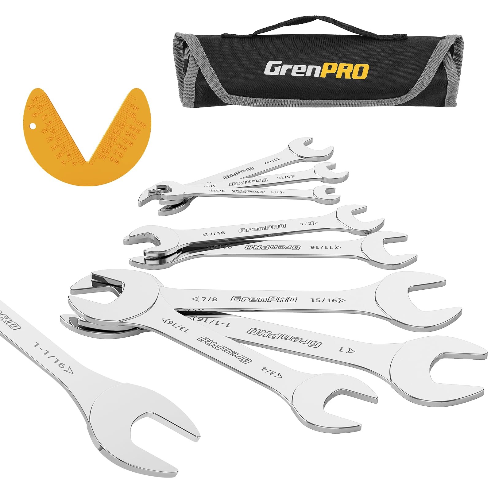 GRENPRO Super-Thin SAE Wrench Set, Open End 9PCS 1/4, SAE, Silver