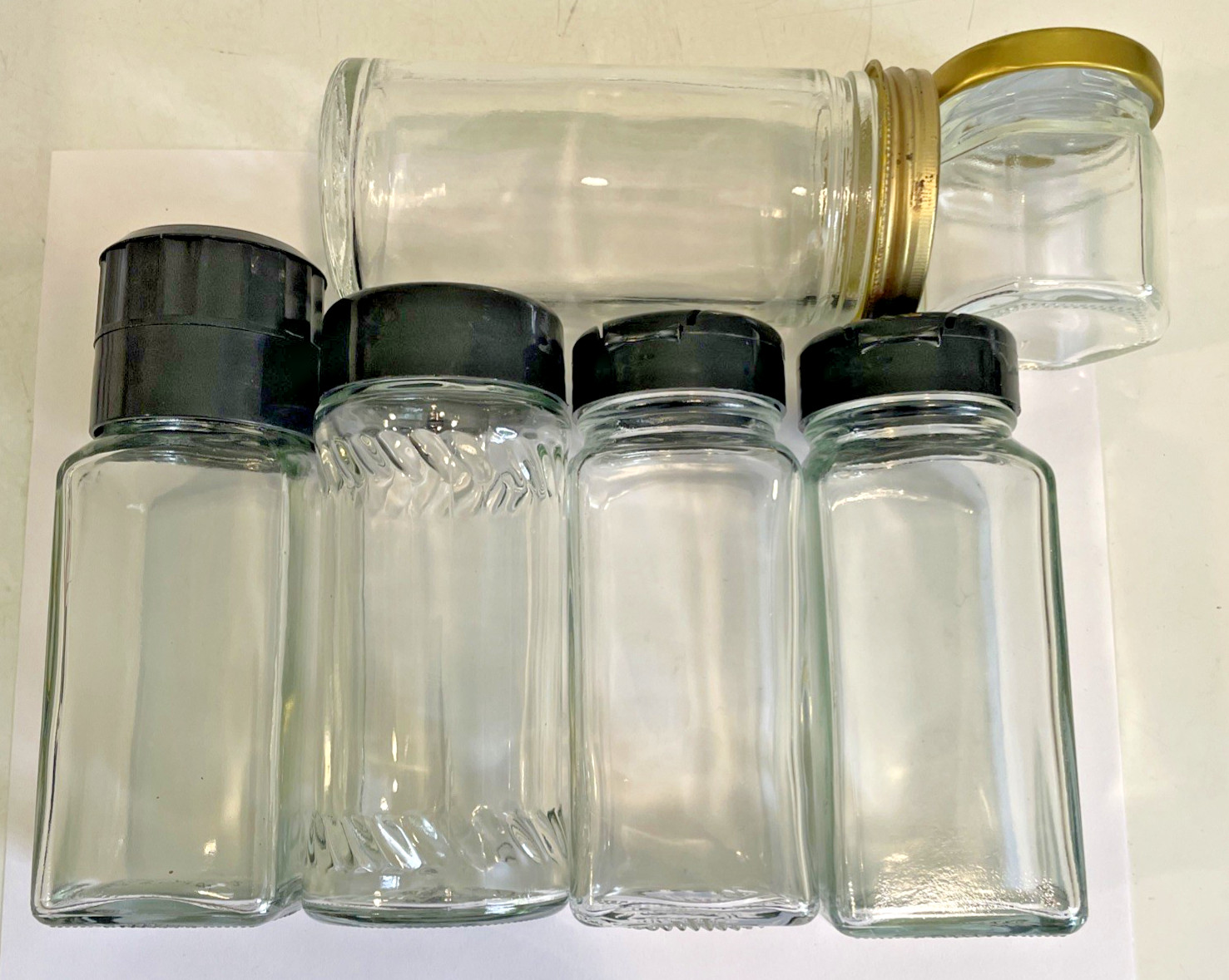 6 Clear Glass Bottles Tin Lids, Pastic Lids