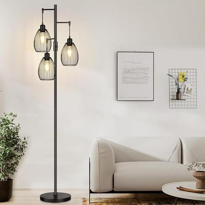 Dimmable Floor Lamp with 3 LED Bulbs Industrial Design Living Room Office Black