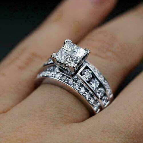 14K White Gold Over Engagement Wedding Ring Set 2.90Ct White Moissanite Princess