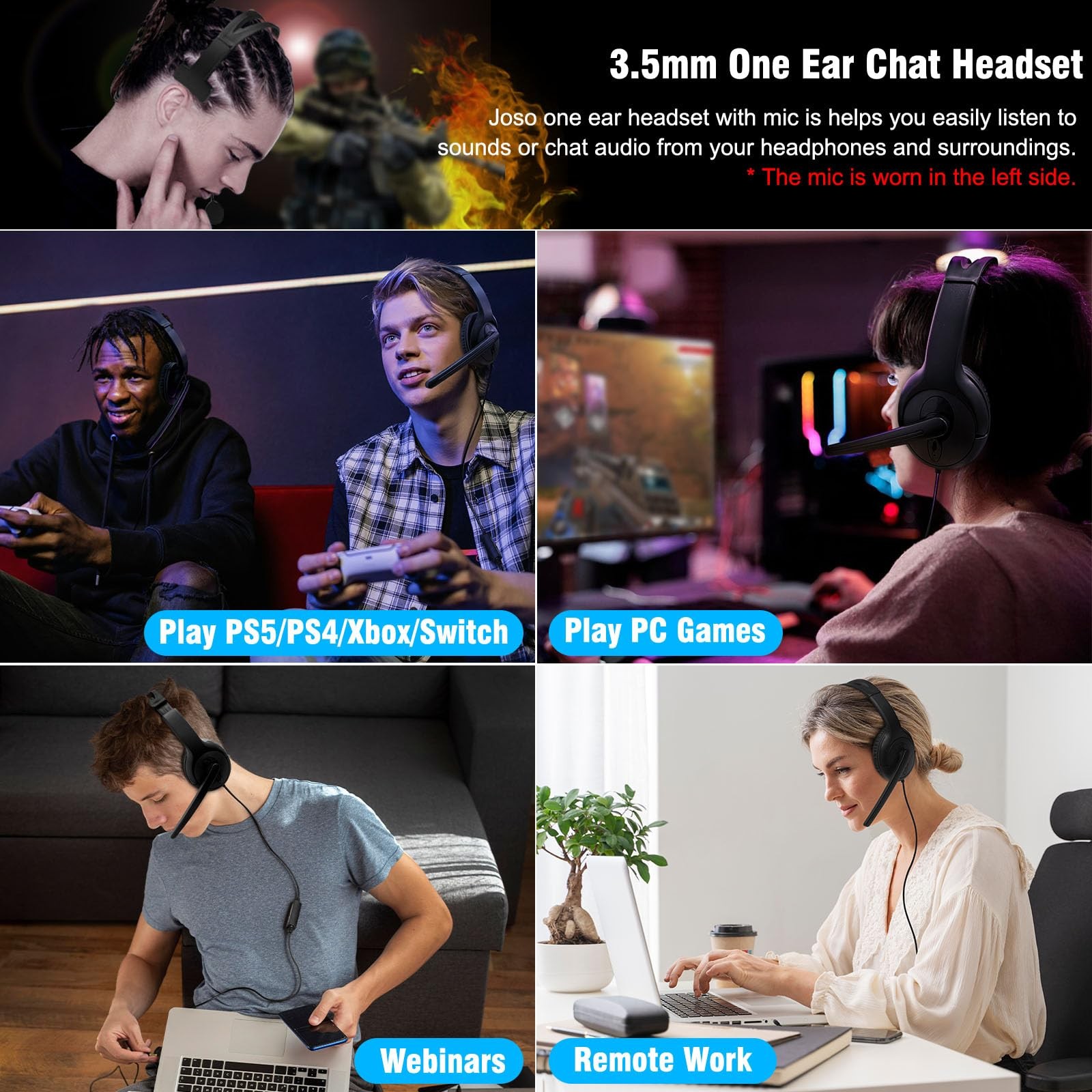 Wired Ear Headset with Mic, Single Ear Headset for PS5/PS4/Xbox/Switch/PC/iPa...