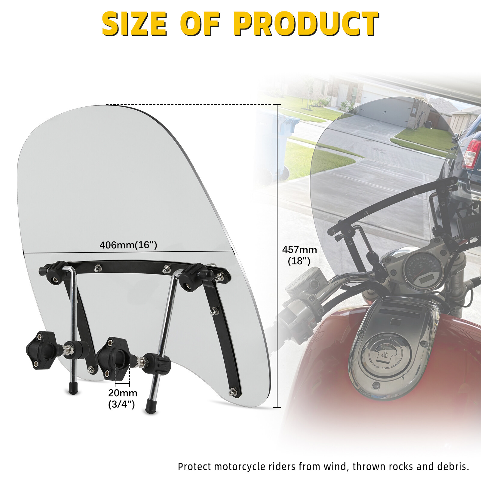 For Scooter E-bike 18"x16" Large Smoke Windshield Windscreen7/8'' 1'' Handlebar