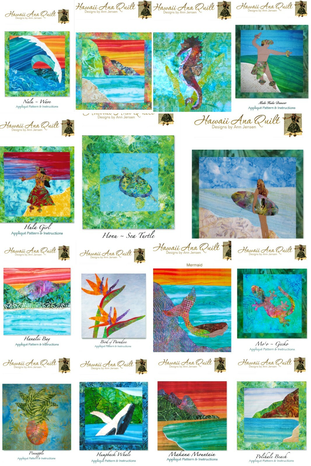 Tropical Hawaiian 16 Quilt Patterns Set~Raw Edge or Needle Turn Applique Pattern