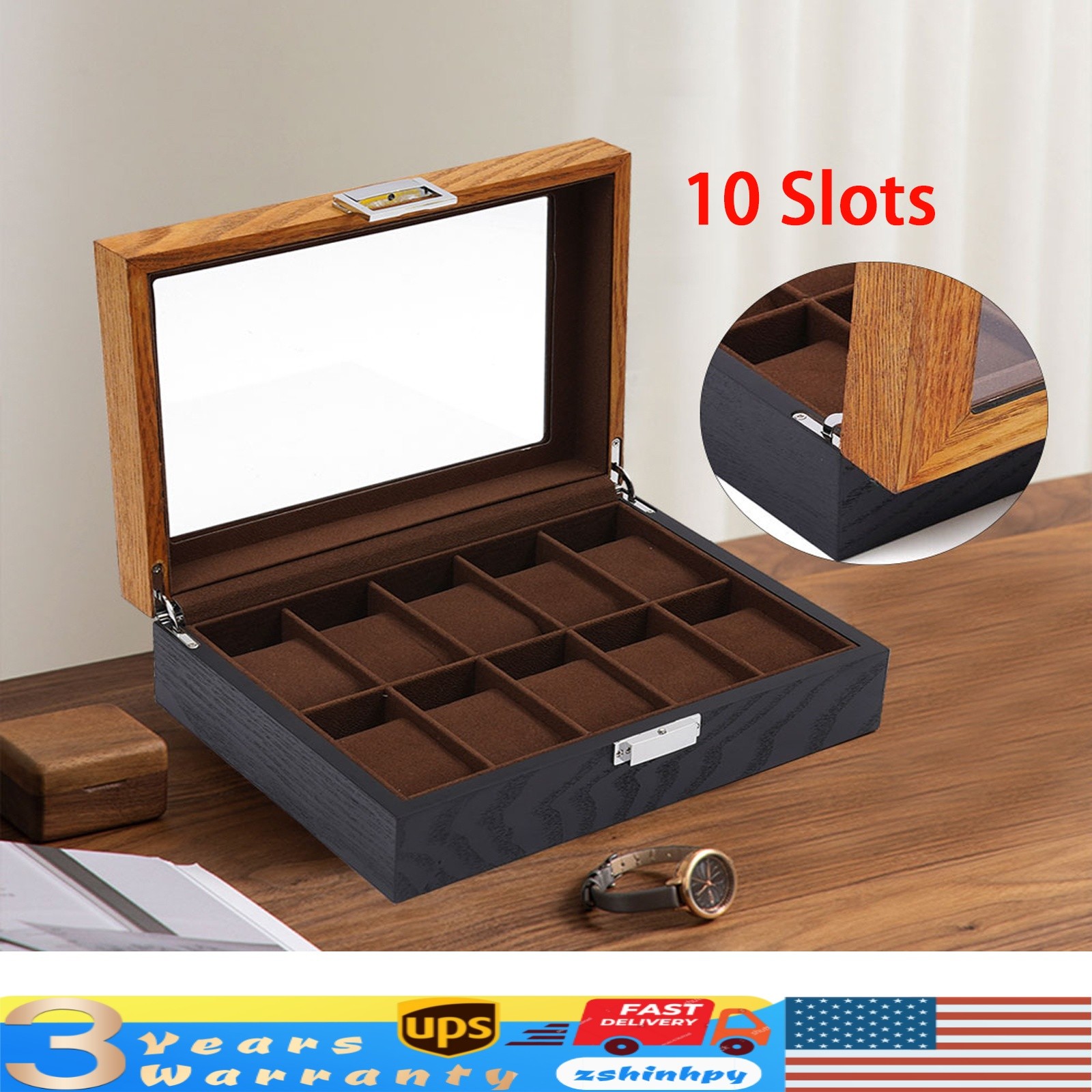 Watch Box 10-Slot Watch Case Solid Wood Watch Box Organizer with Glass Lid Lock