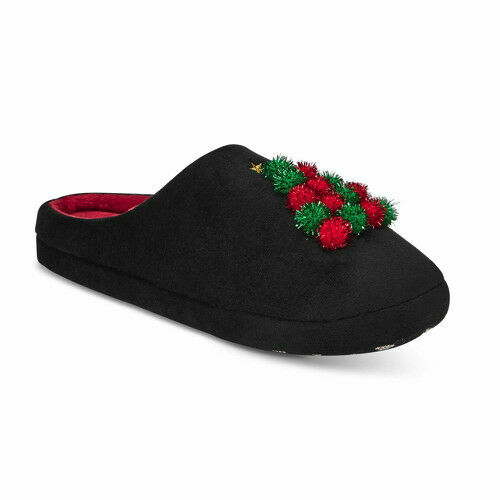 NEW Charter Club Black Red Pom-Poms Christmas Tree Plush Clog Slippers S 5-6