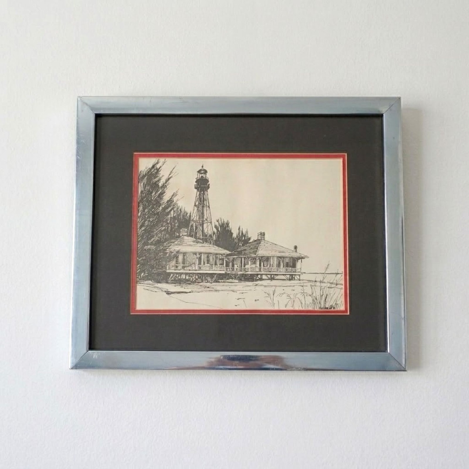 Sanibel Island Lighthouse Signed Pen and Ink Drawing Framed Florida Nautical Art