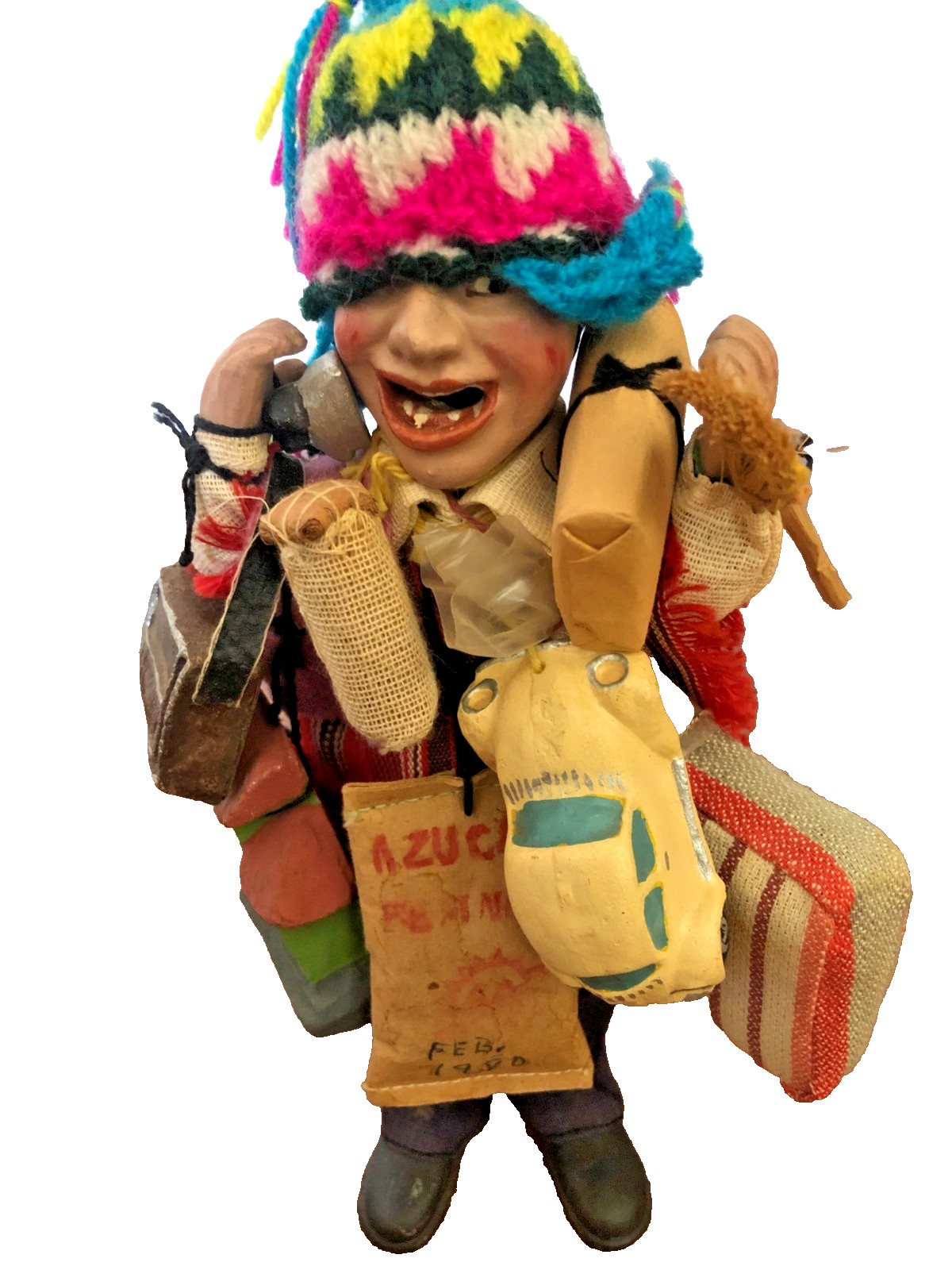 Vintage Latin American Folk Art Doll Handmade Traveler Figure Guitar Pot