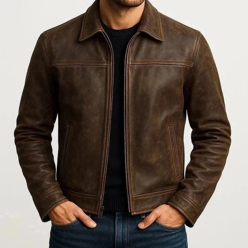 Men's Real Motorcycle Cafe Racer Distressed Brown Genuine Leather Biker Jacket