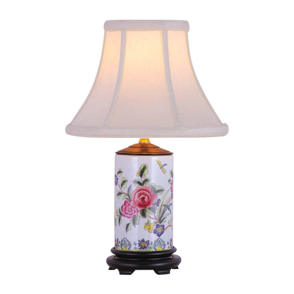 Floral Rose Motif Cylindrical Porcelain Vase Table Lamp 15"