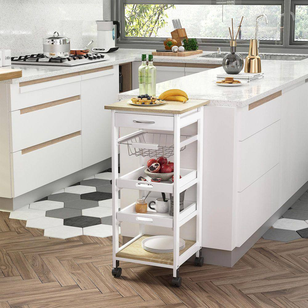 5-Tier Solid Wood 4-Wheeled Mobile Kitchen Cart with Storage, Wire Fruit Baskets