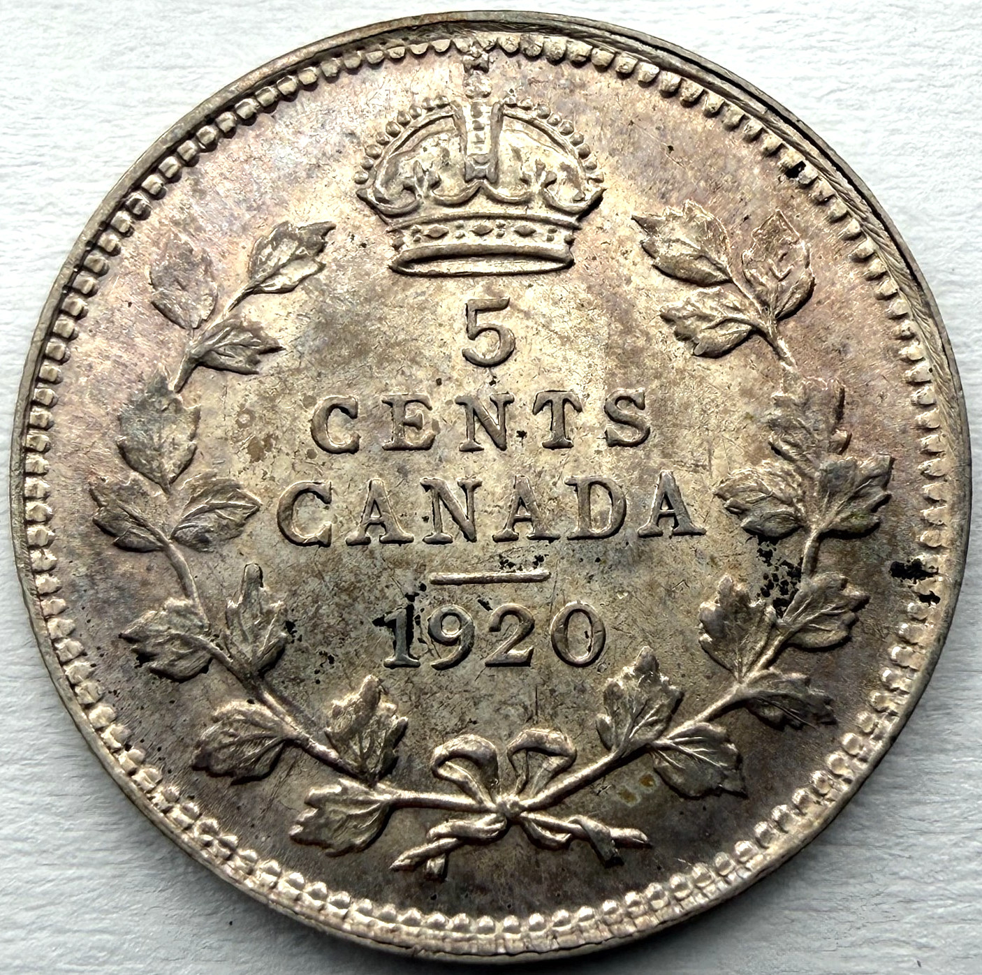 1920 Canadian Sterling Silver 5 Cent Coin Nice MS Lustrous Nice King George