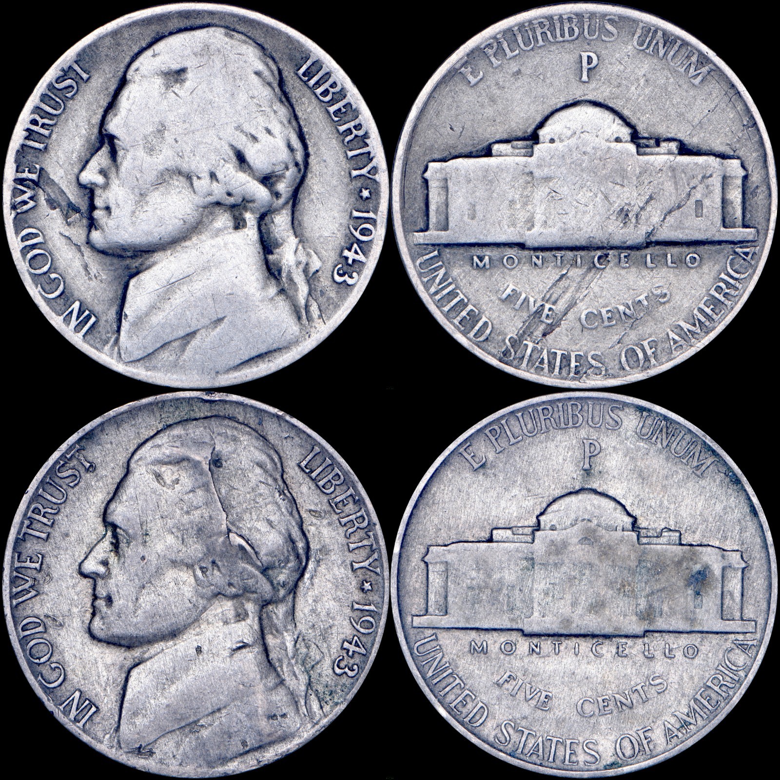 1943-P Silver Jefferson Nickels Lamination Errors (check photos for details)
