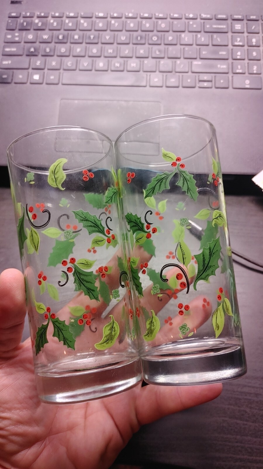 Vintage Mid Century Christmas Holiday Cocktail Collins Glass Pair Hi-Ball 6⅜"