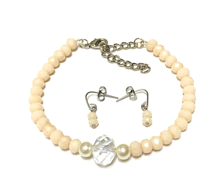 Peach Czech Glass & Crystal Beaded Wire Bracelet & Matching Earrings Minimalist
