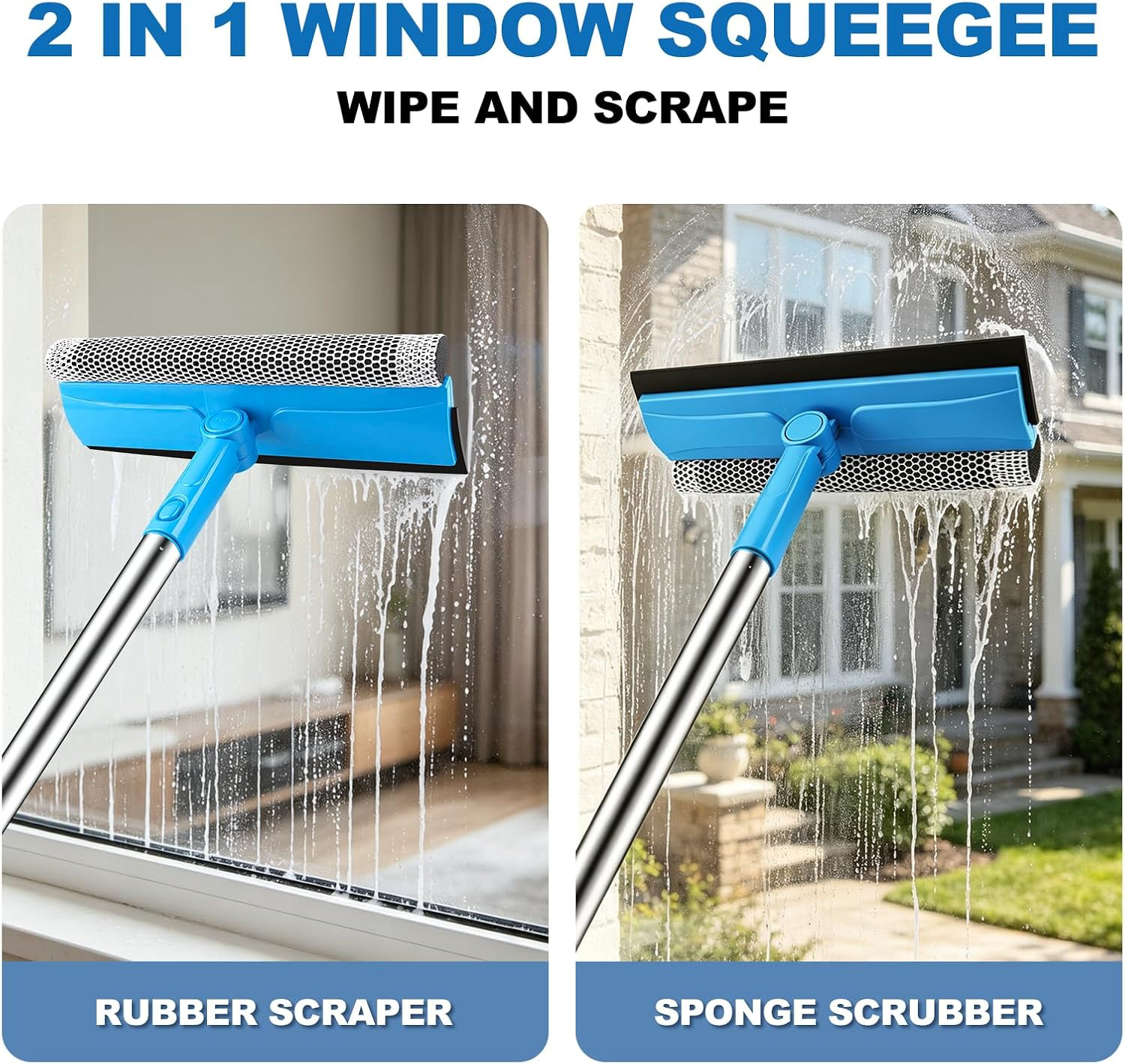 Window Squeegee 2 in 1 Window Cleaner Tool with 57In Extension Pole |