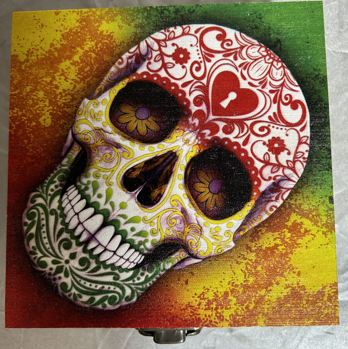 Decorative Skull Day of the Dead Metal Latch Wood Bamboo Stash Box 4.75X4.75X2”