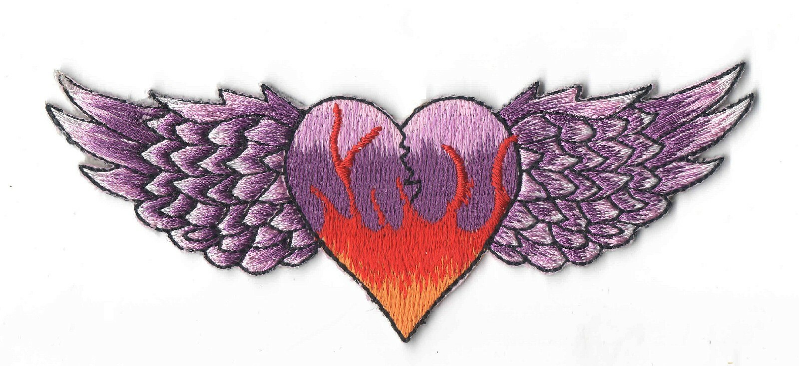 Purple Flaming Broken Heart With Wings Sew-On Iron-On Patch 4 3/4" X 1 3/4"