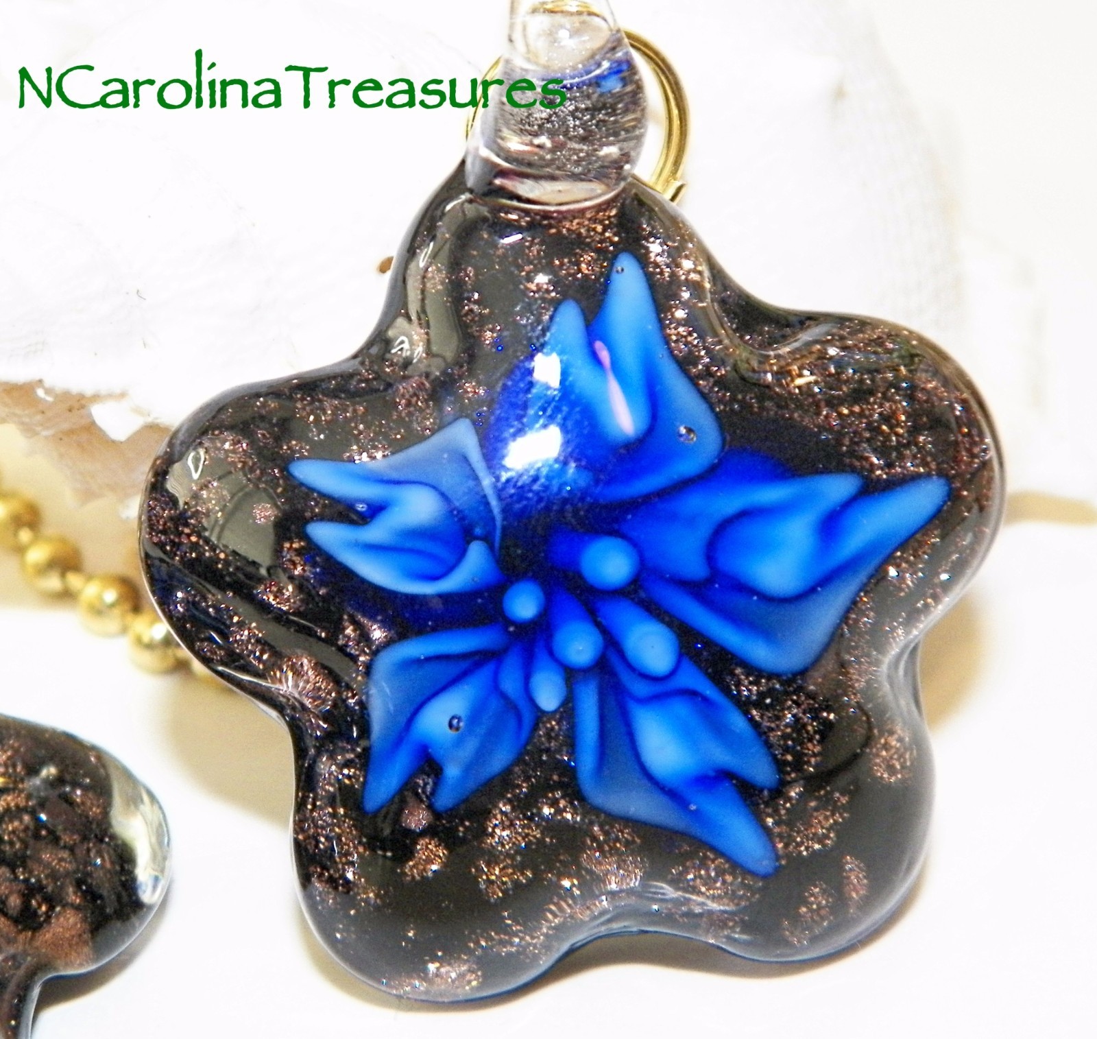 GLASS CEILING FAN CHAIN SWITCH PULL BLACK GLITTER BLUE FLORAL STAR LARGE PAIR