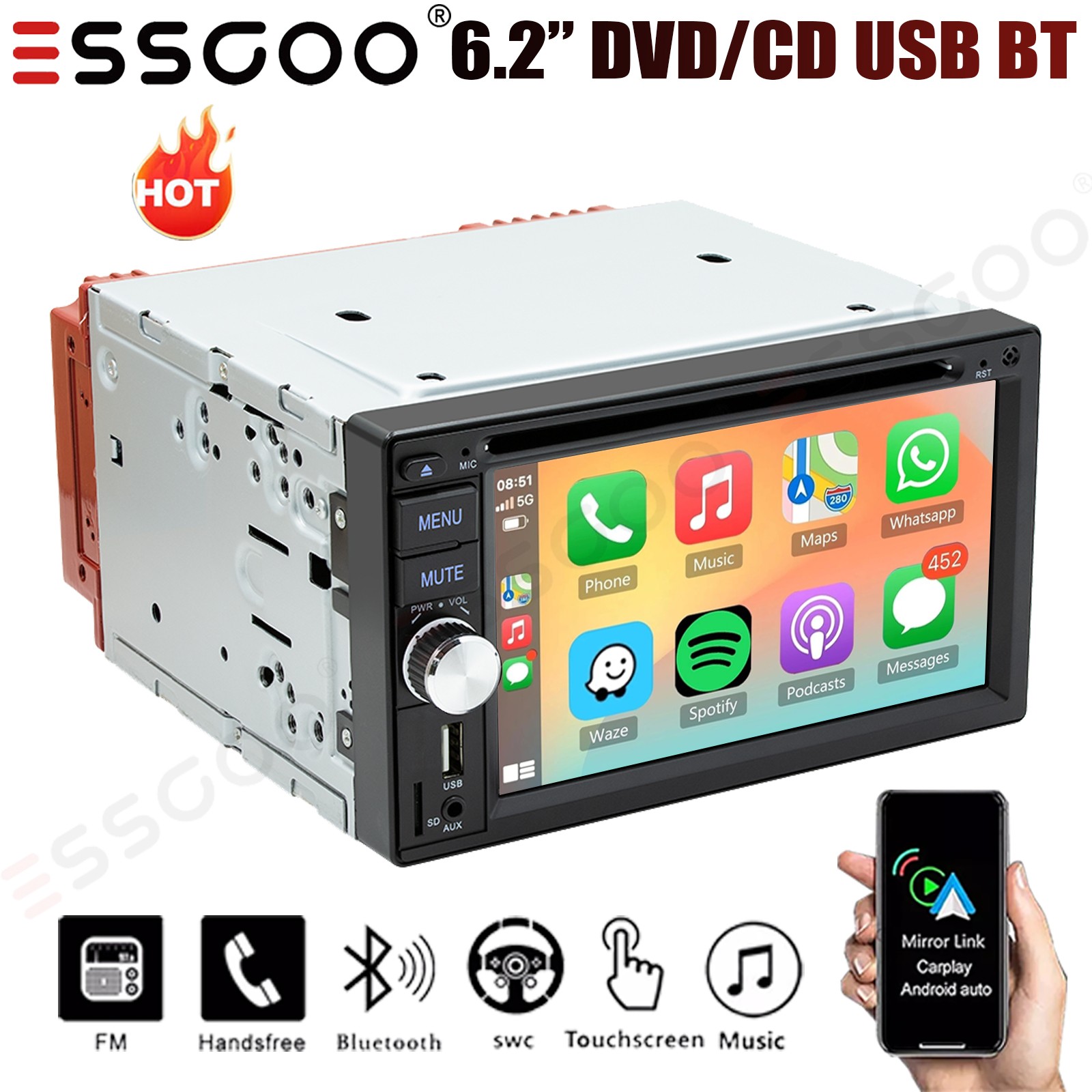 Double DIN Car Radio Stereo CD DVD Player Carplay Android Auto USB AUX Bluetooth