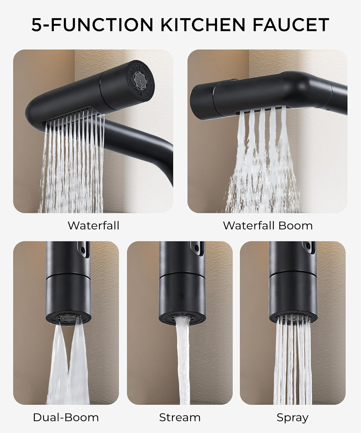 Black Kitchen Faucet with Pull-Down Sprayer & 5 Waterfall Modes