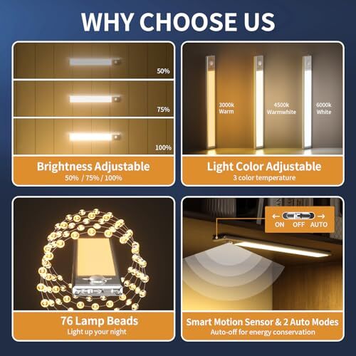 Under Cabinet Lights,76 LED Operated Motion Sensor Light 2Pack-9.5inch