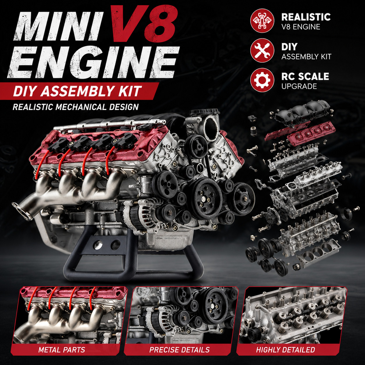 Mini V8 Engine Model Kit DIY Assembly Motor Model for RC Car SCX10 II Capra VS4